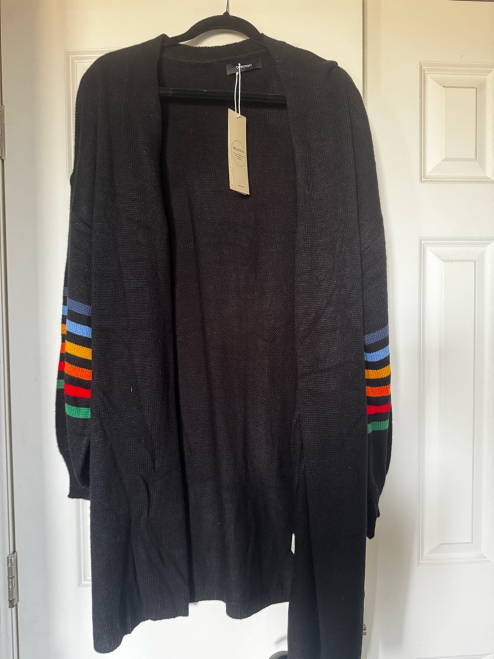 Black Open-Front Cardigan with Multicolor Sleeve Stripes - Women